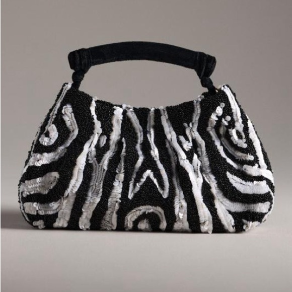 New Anthropologie sequin beaded animal clutch crossbody bag black white zebra - Picture 1 of 17